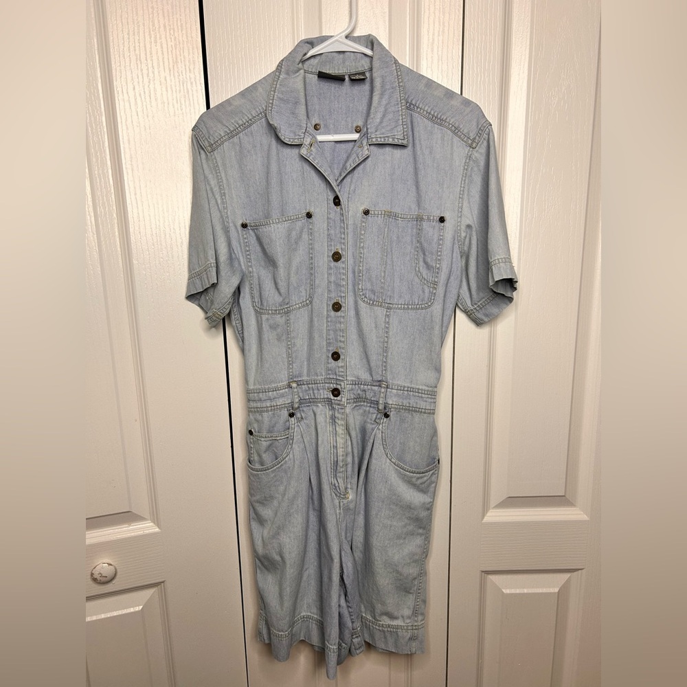 Vintage Womens Liz Wear Claiborne Denim Light Blue Jean Button Romper‎ Cotton 6